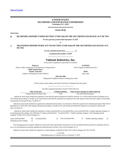 Miniature Valmont Industries
 Rapport trimestriel 2022-q3