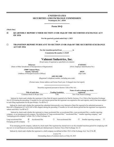 Miniature Valmont Industries
 Rapport trimestriel 2023-q2
