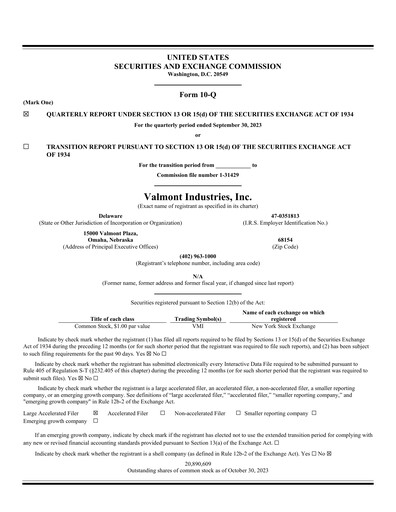 Miniature Valmont Industries
 Rapport trimestriel 2023-q3