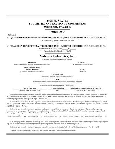 Miniature Valmont Industries
 Rapport trimestriel 2024-q2