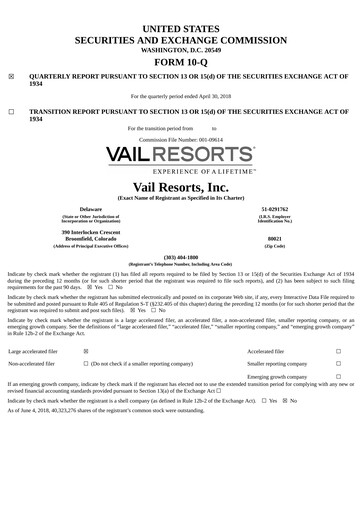 Thumbnail Vail Resorts
 Quarterly Report 2018-q3