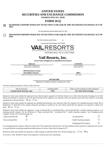 Thumbnail Vail Resorts
 Quarterly Report 2021-q3