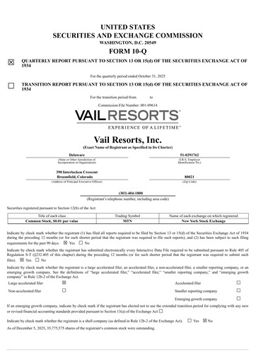 Thumbnail Vail Resorts
 Quarterly Report 2026-q1