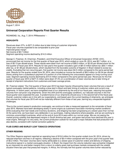 Vorschaubild Universal Corporation
 Quartalsbericht 2014-q1