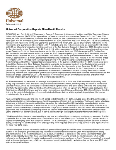 Vorschaubild Universal Corporation
 Quartalsbericht 2017-q3