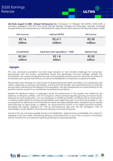 Thumbnail Ultrapar Participacoes Quarterly Report 2020-q2