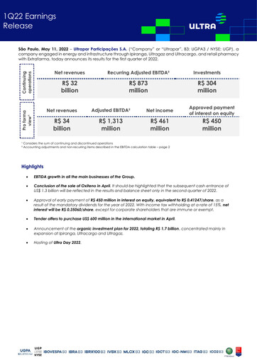 Thumbnail Ultrapar Participacoes Quarterly Report 2022-q1