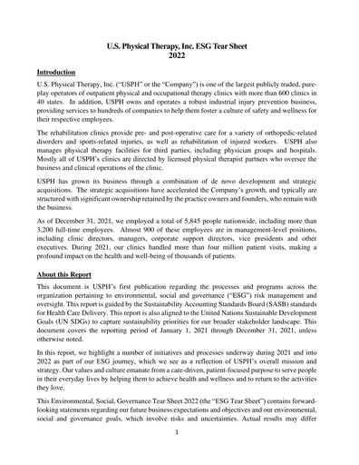Miniature U.S. Physical Therapy, Inc. Rapport ESG 2022