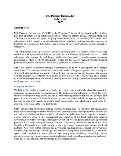 Miniature U.S. Physical Therapy, Inc. Rapport ESG 2025