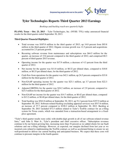 Vorschaubild Tyler Technologies
 Quartalsbericht 2013-q3