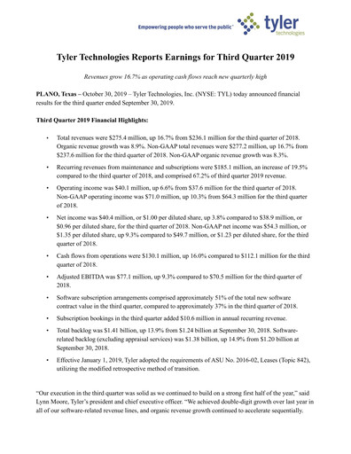 Vorschaubild Tyler Technologies
 Quartalsbericht 2019-q3