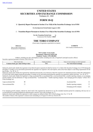 Miniature The Toro Company
 Rapport trimestriel 2024-q3