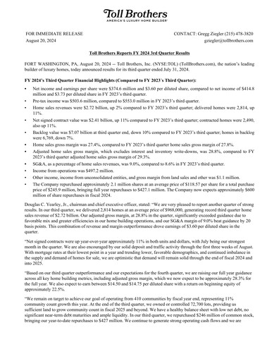 Miniature Toll Brothers
 Rapport trimestriel 2024-q3