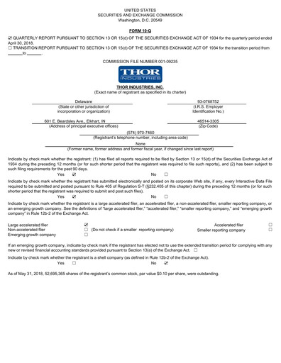 Miniature Thor Industries
 Rapport trimestriel 2018-q3