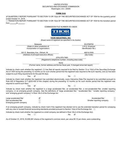 Miniature Thor Industries
 Rapport trimestriel 2019-q1