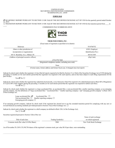 Miniature Thor Industries
 Rapport trimestriel 2020-q1
