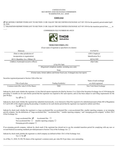Miniature Thor Industries
 Rapport trimestriel 2020-q3