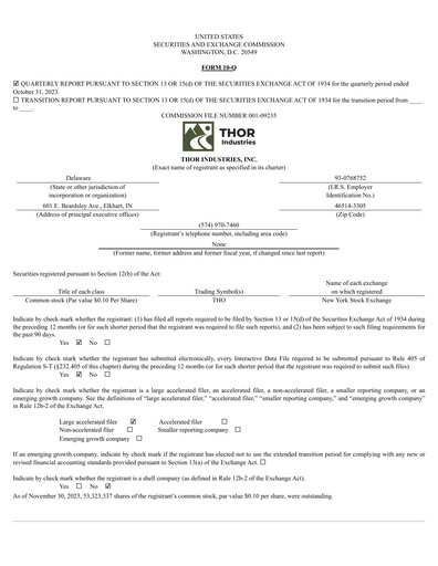 Miniature Thor Industries
 Rapport trimestriel 2024-q1