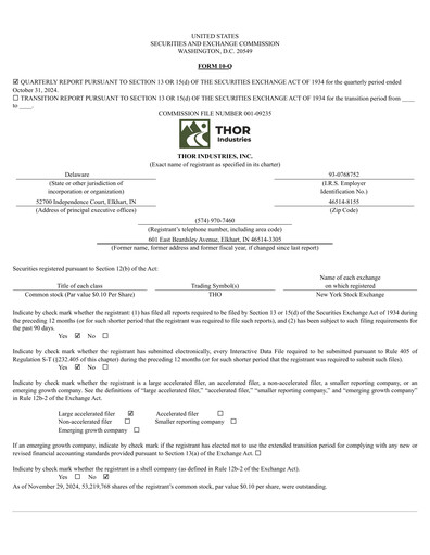 Miniature Thor Industries
 Rapport trimestriel 2025-q1
