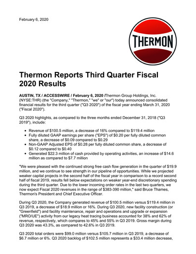 Thumbnail Thermon Group Quarterly Report 2020-q3
