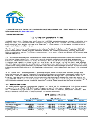 Thumbnail Telephone and Data Systems
 Quarterly Report 2018-q1