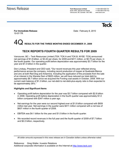 Thumbnail Teck Resources
 Financial Statement 2009