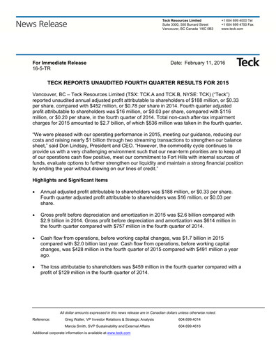 Thumbnail Teck Resources
 Financial Statement 2015