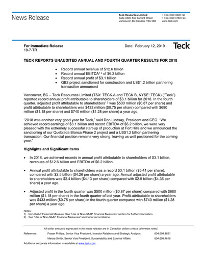 Thumbnail Teck Resources
 Financial Statement 2018
