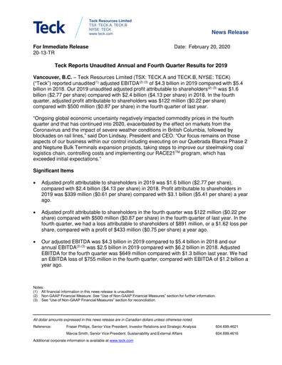 Thumbnail Teck Resources
 Financial Statement 2019