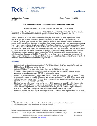 Thumbnail Teck Resources
 Financial Statement 2020