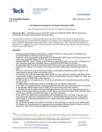 Thumbnail Teck Resources
 Financial Statement 2022