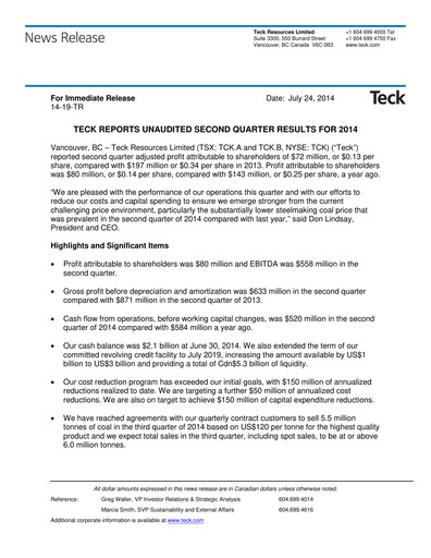 Vorschaubild Teck Resources
 Quartalsbericht 2014-q2