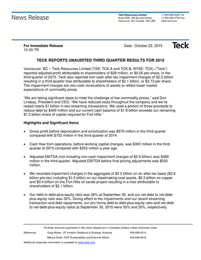 Vorschaubild Teck Resources
 Quartalsbericht 2015-q3