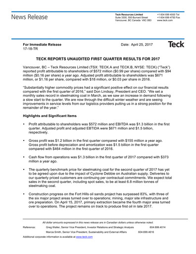 Vorschaubild Teck Resources
 Quartalsbericht 2017-q1