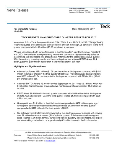 Vorschaubild Teck Resources
 Quartalsbericht 2017-q3