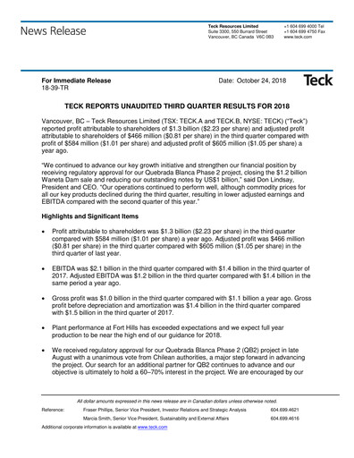 Vorschaubild Teck Resources
 Quartalsbericht 2018-q3