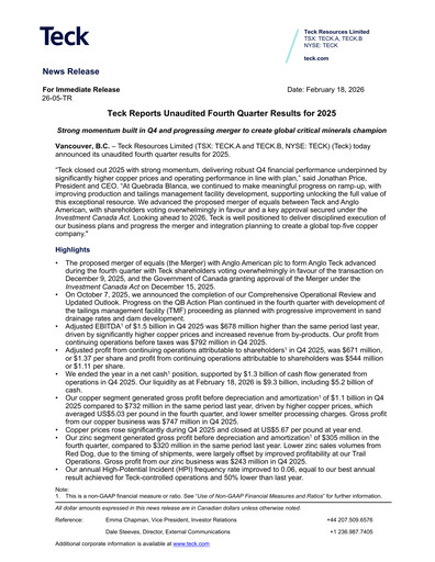 Thumbnail Teck Resources
 Quarterly Report 2025-q4