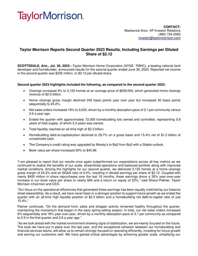 Thumbnail Taylor Morrison
 Quarterly Report 2023-q2