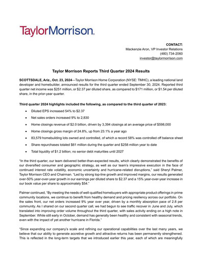 Thumbnail Taylor Morrison
 Quarterly Report 2024-q3