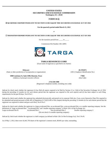 Thumbnail Targa Resources
 Quarterly Report 2012-q1