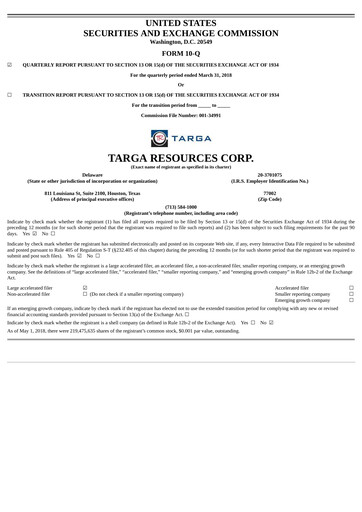 Thumbnail Targa Resources
 Quarterly Report 2018-q1