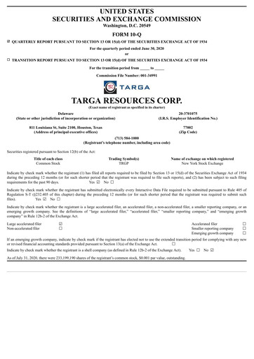 Thumbnail Targa Resources
 Quarterly Report 2020-q2