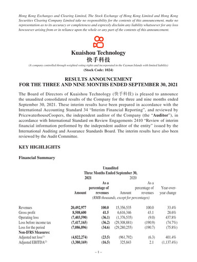 Thumbnail Kuaishou Technology Quarterly Report 2021-q3