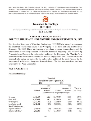 Thumbnail Kuaishou Technology Quarterly Report 2022-q3