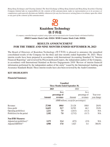 Thumbnail Kuaishou Technology Quarterly Report 2023-q3