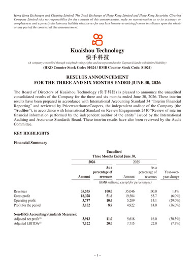 Thumbnail Kuaishou Technology Quarterly Report 2026-q2