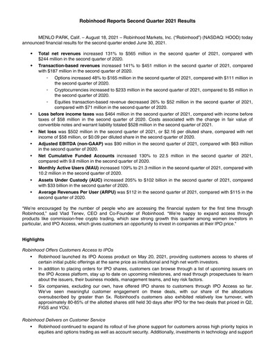Miniature Robinhood Rapport trimestriel 2021-q2