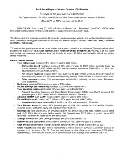 Miniature Robinhood Rapport trimestriel 2025-q2