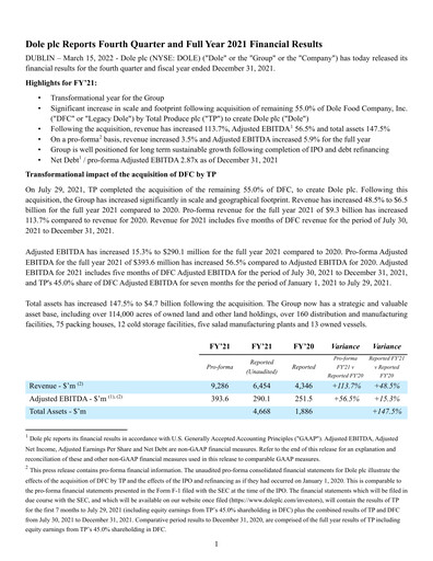 Thumbnail Dole PLC Financial Report 2021