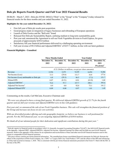 Thumbnail Dole PLC Financial Report 2022